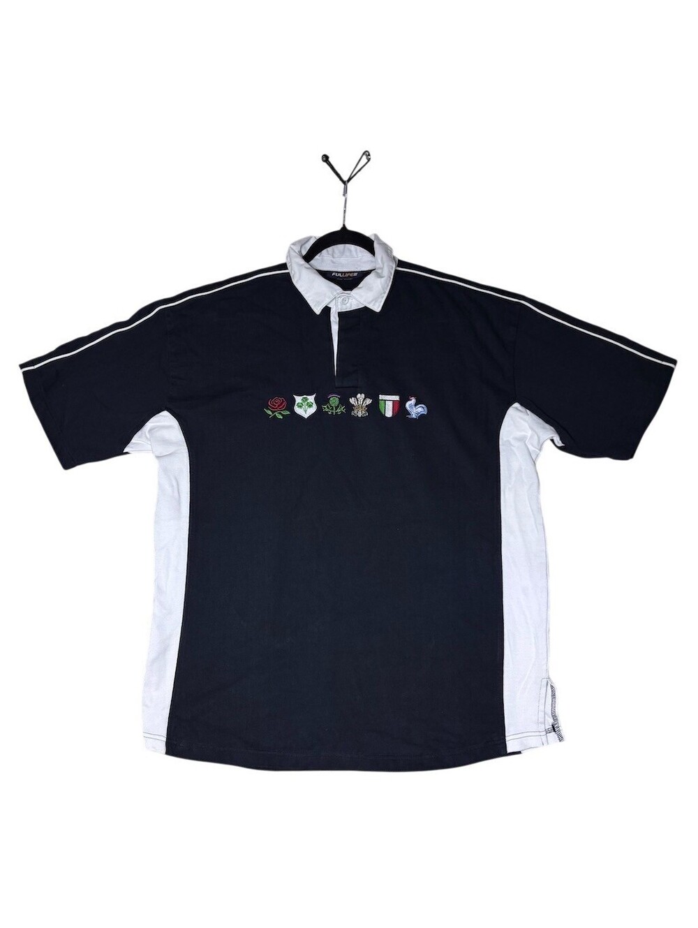 Vtg Polo Shirt Mens XL Black Rugby White Embroidered FullLife Six Nations